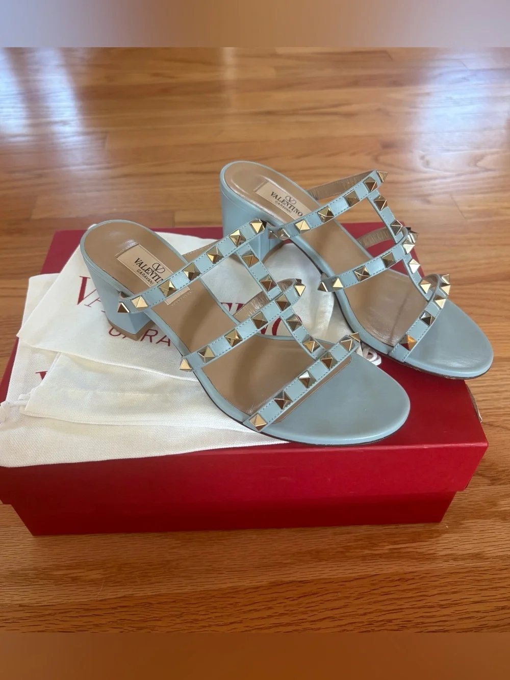 Valentino Garavani Rockstud Block Heel sandals in light blue
